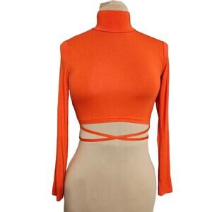 Vetior Crop Top Womens Small Tangerine Orange Mock Neck Y2K Waist Tie